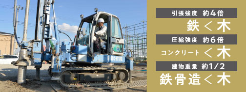 木は鉄の約4倍の引張強度,コンクリートの約6倍の圧縮強度、木造建物の重量は鉄骨造の1/2の重量